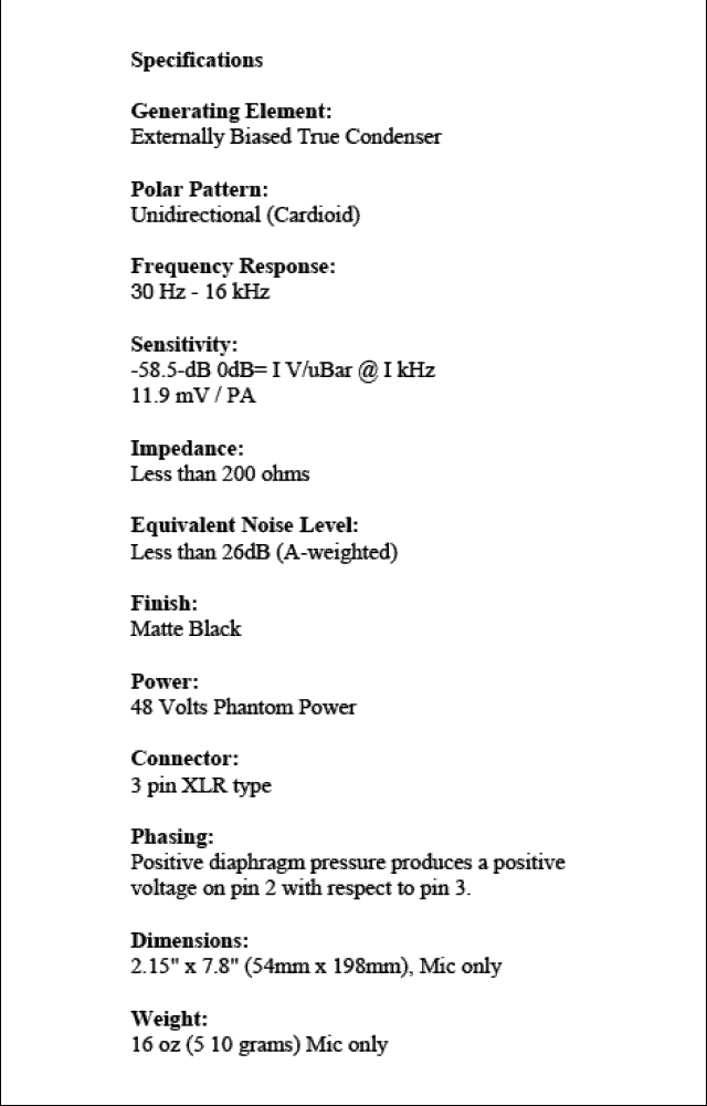 CAD C400S specifications